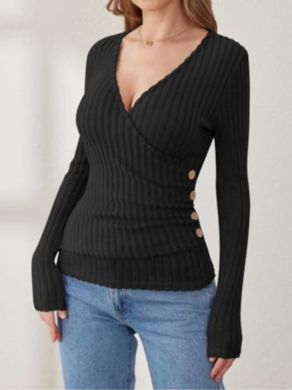 🆕 Long Sleeve Shirts for Women Sexy Sweater V Neck Ribbed Knit Slim Fit Wrap